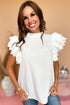 Swiss Dot Textured Scalloped Ruffle Sleeve V Neck Blouse