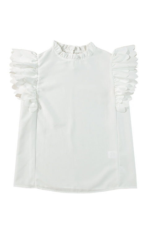 Swiss Dot Textured Scalloped Ruffle Sleeve V Neck Blouse