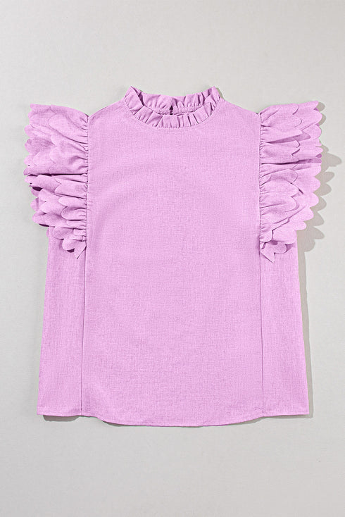 Swiss Dot Textured Scalloped Ruffle Sleeve V Neck Blouse
