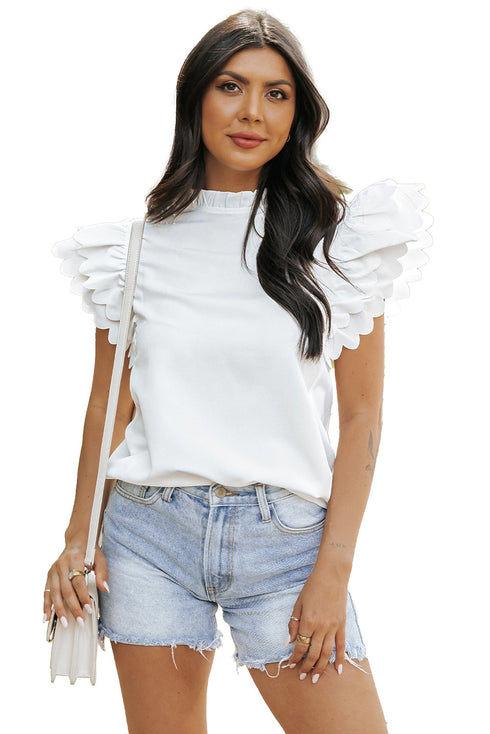 Swiss Dot Textured Scalloped Ruffle Sleeve V Neck Blouse