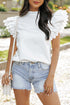 Swiss Dot Textured Scalloped Ruffle Sleeve V Neck Blouse