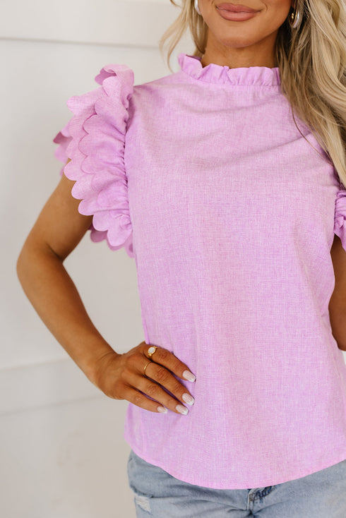 Swiss Dot Textured Scalloped Ruffle Sleeve V Neck Blouse
