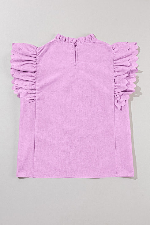 Swiss Dot Textured Scalloped Ruffle Sleeve V Neck Blouse