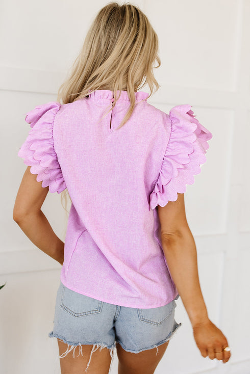 Swiss Dot Textured Scalloped Ruffle Sleeve V Neck Blouse