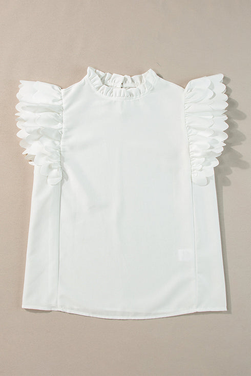 Swiss Dot Textured Scalloped Ruffle Sleeve V Neck Blouse