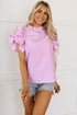 Swiss Dot Textured Scalloped Ruffle Sleeve V Neck Blouse