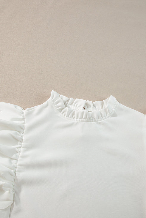 Swiss Dot Textured Scalloped Ruffle Sleeve V Neck Blouse