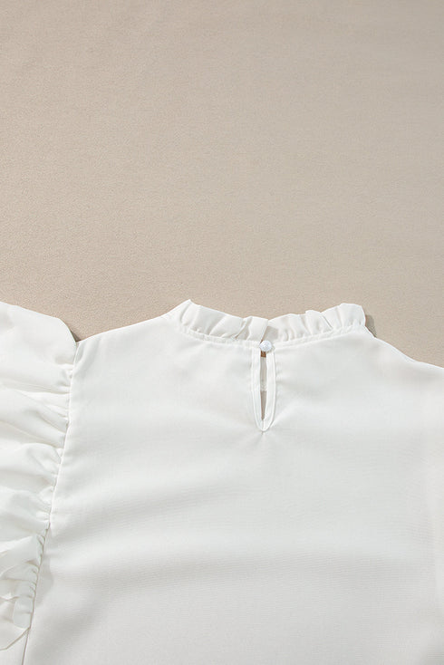 Swiss Dot Textured Scalloped Ruffle Sleeve V Neck Blouse
