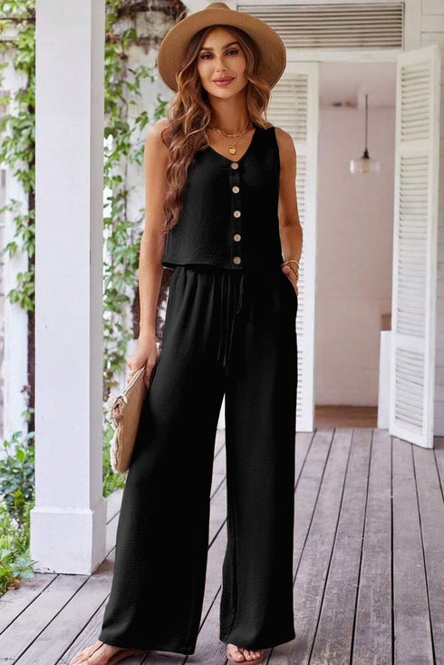 Tailored Buttoned Vest Drawstring Wide Leg Pant Sets