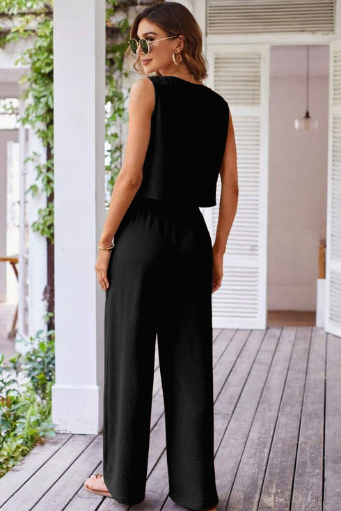 Tailored Buttoned Vest Drawstring Wide Leg Pant Sets