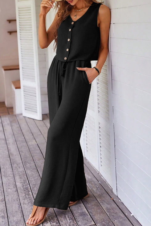 Tailored Buttoned Vest Drawstring Wide Leg Pant Sets