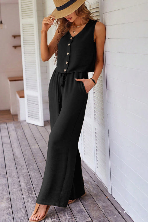 Tailored Buttoned Vest Drawstring Wide Leg Pant Sets
