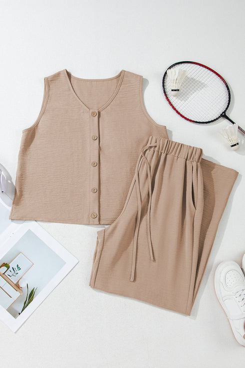 Tailored Buttoned Vest Drawstring Wide Leg Pant Sets
