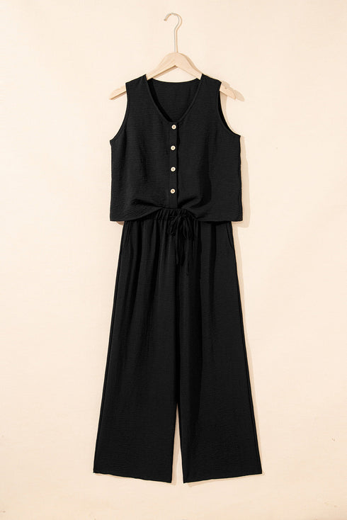 Tailored Buttoned Vest Drawstring Wide Leg Pant Sets