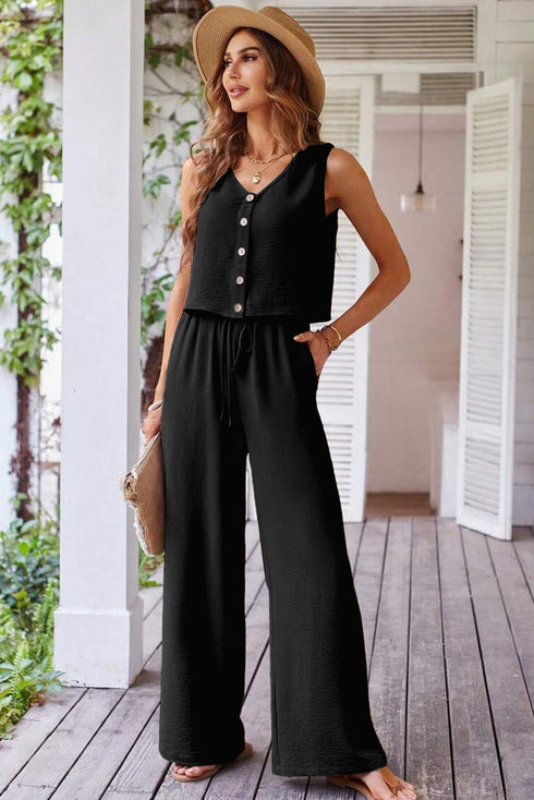 Tailored Buttoned Vest Drawstring Wide Leg Pant Sets