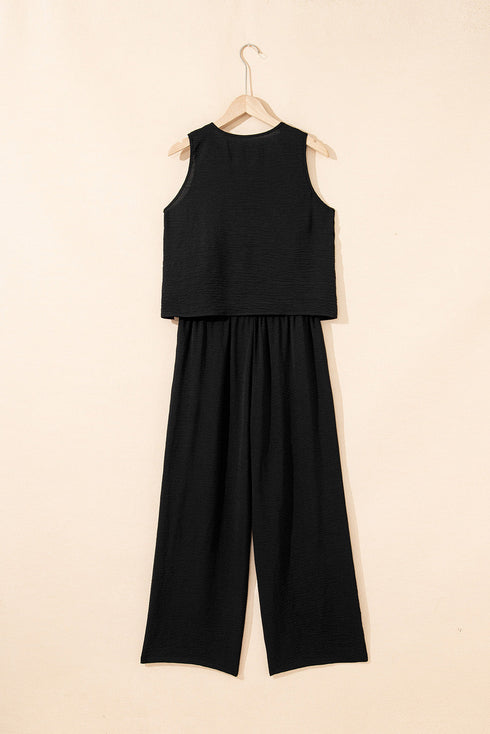 Tailored Buttoned Vest Drawstring Wide Leg Pant Sets