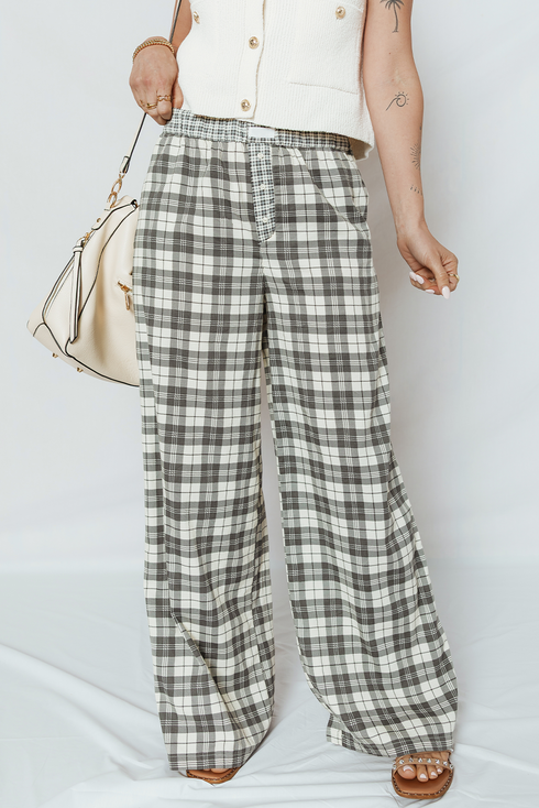 Tailored Patchwork Plaid Wide Leg Pants
