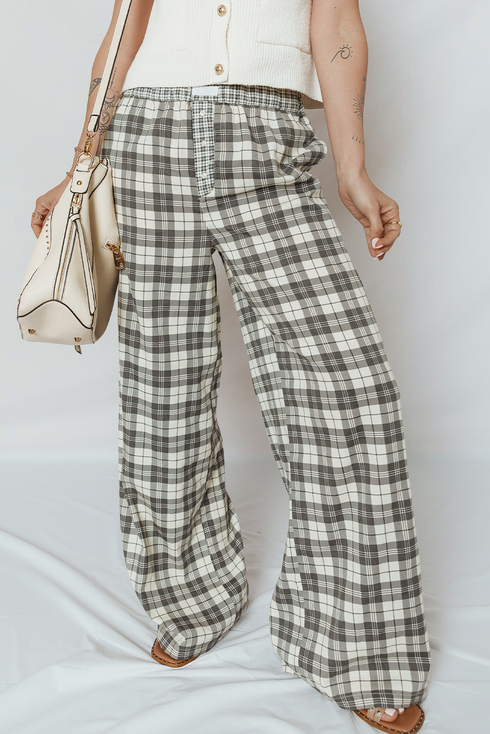 Tailored Patchwork Plaid Wide Leg Pants