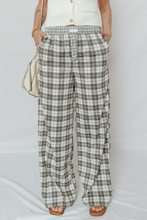 Tailored Patchwork Plaid Wide Leg Pants