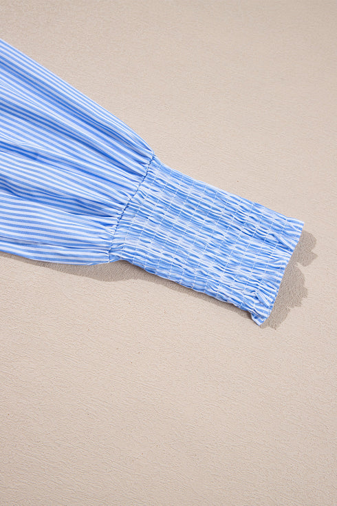 Tailored Pinstripe Button Front Smocked Cuff Blouse