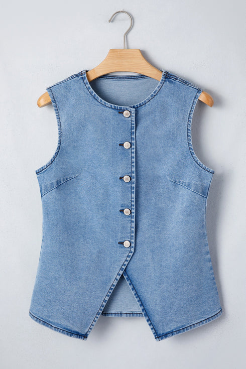 Tailored Western Buttoned Front Slit Denim Vest