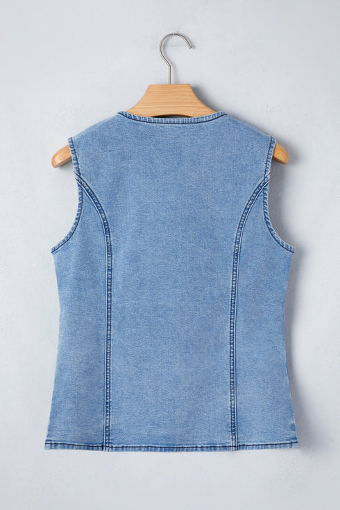 Tailored Western Buttoned Front Slit Denim Vest