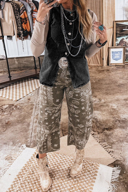 Tailored Western Buttoned Front Slit Denim Vest