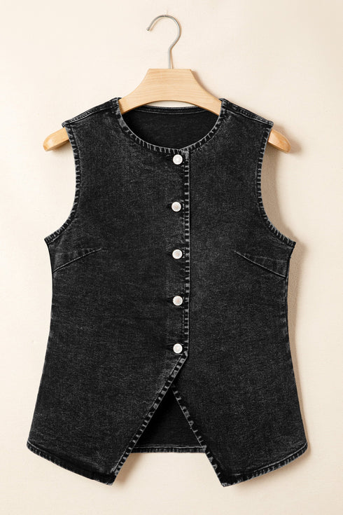 Tailored Western Buttoned Front Slit Denim Vest