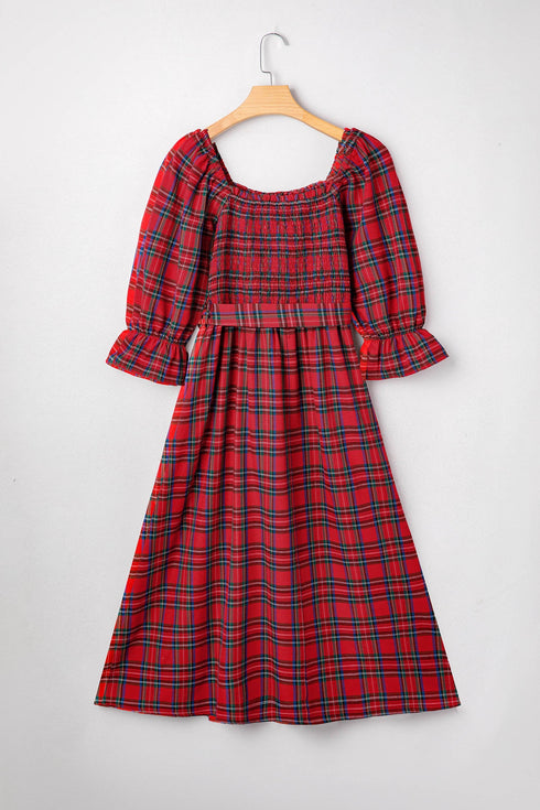 Tartan Plaid Square Neck Puff Sleeve Knot Waist Maxi Dress