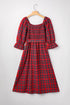 Tartan Plaid Square Neck Puff Sleeve Knot Waist Maxi Dress