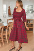 Tartan Plaid Square Neck Puff Sleeve Knot Waist Maxi Dress