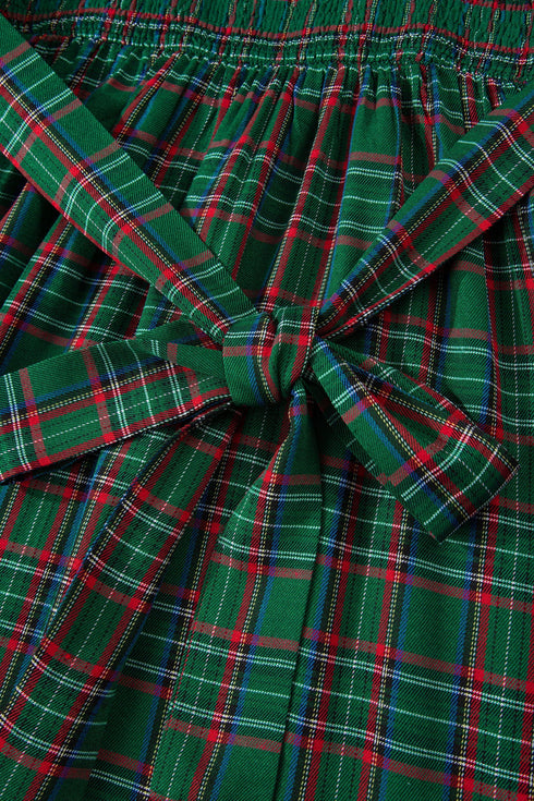 Tartan Plaid Square Neck Puff Sleeve Knot Waist Maxi Dress