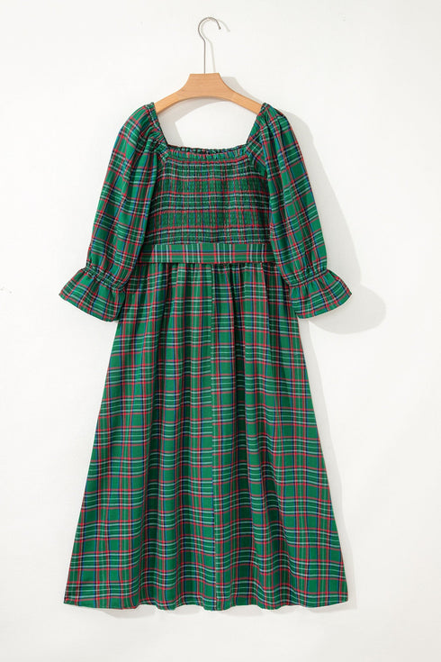 Tartan Plaid Square Neck Puff Sleeve Knot Waist Maxi Dress