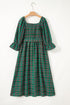 Tartan Plaid Square Neck Puff Sleeve Knot Waist Maxi Dress