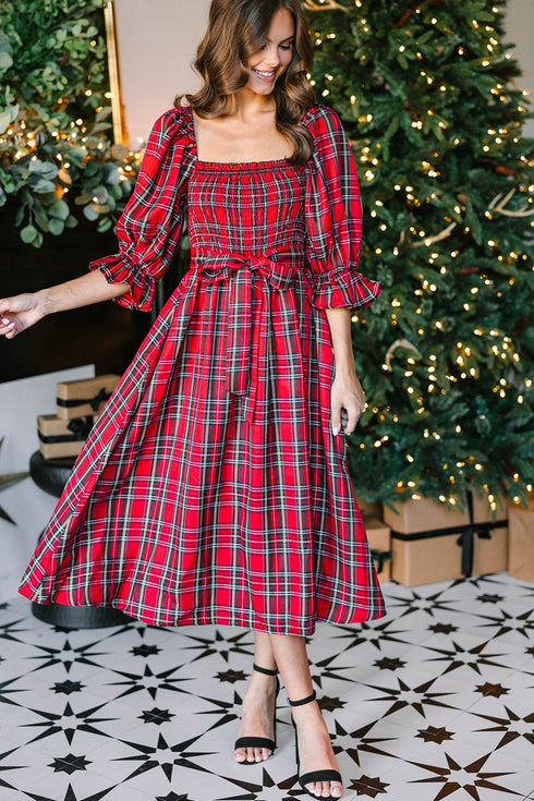 Tartan Plaid Square Neck Puff Sleeve Knot Waist Maxi Dress