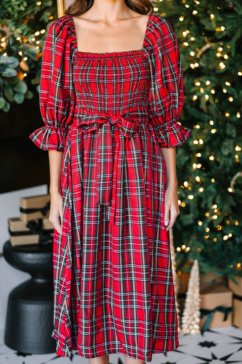 Tartan Plaid Square Neck Puff Sleeve Knot Waist Maxi Dress