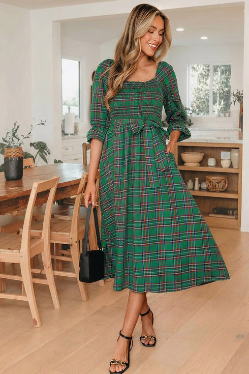 Tartan Plaid Square Neck Puff Sleeve Knot Waist Maxi Dress