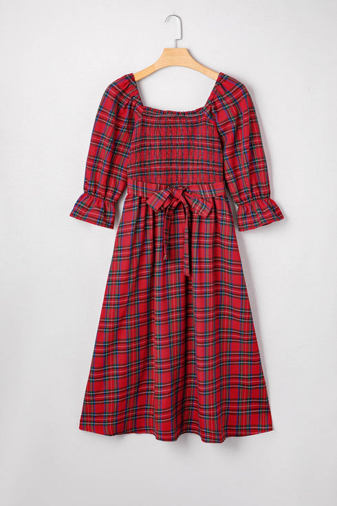 Tartan Plaid Square Neck Puff Sleeve Knot Waist Maxi Dress