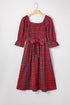 Tartan Plaid Square Neck Puff Sleeve Knot Waist Maxi Dress