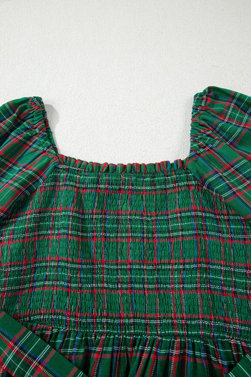 Tartan Plaid Square Neck Puff Sleeve Knot Waist Maxi Dress
