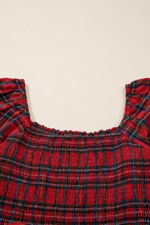 Tartan Plaid Square Neck Puff Sleeve Knot Waist Maxi Dress