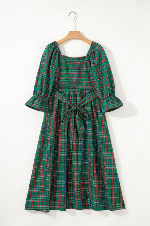 Tartan Plaid Square Neck Puff Sleeve Knot Waist Maxi Dress