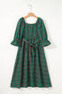 Tartan Plaid Square Neck Puff Sleeve Knot Waist Maxi Dress