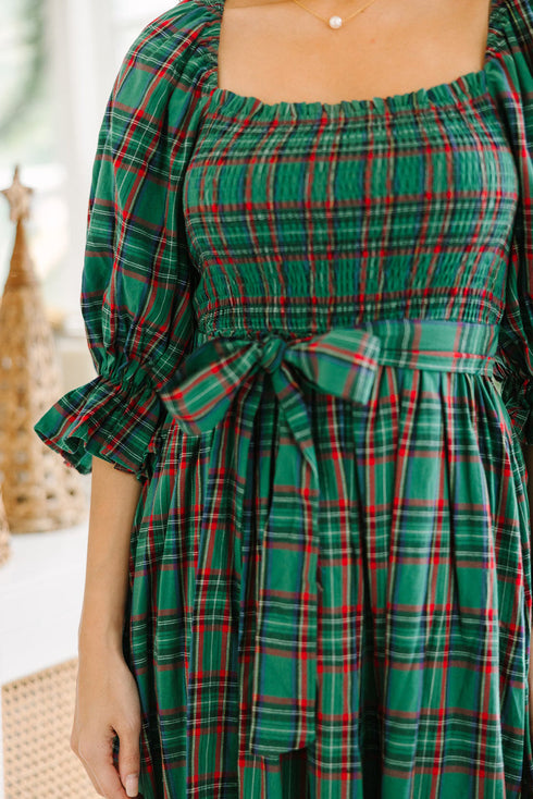Tartan Plaid Square Neck Puff Sleeve Knot Waist Maxi Dress