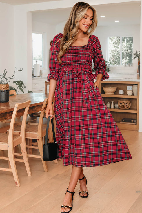 Tartan Plaid Square Neck Puff Sleeve Knot Waist Maxi Dress
