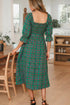 Tartan Plaid Square Neck Puff Sleeve Knot Waist Maxi Dress