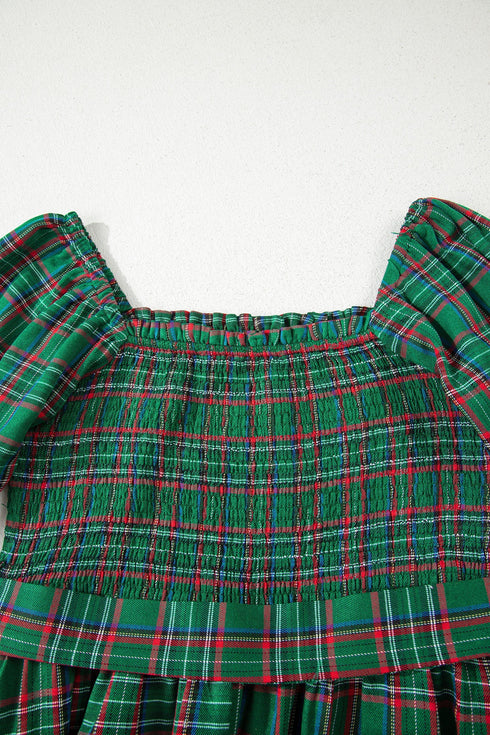 Tartan Plaid Square Neck Puff Sleeve Knot Waist Maxi Dress