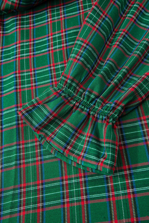 Tartan Plaid Square Neck Puff Sleeve Knot Waist Maxi Dress