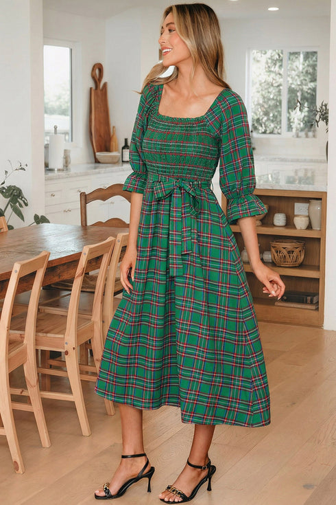 Tartan Plaid Square Neck Puff Sleeve Knot Waist Maxi Dress