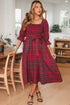 Tartan Plaid Square Neck Puff Sleeve Knot Waist Maxi Dress